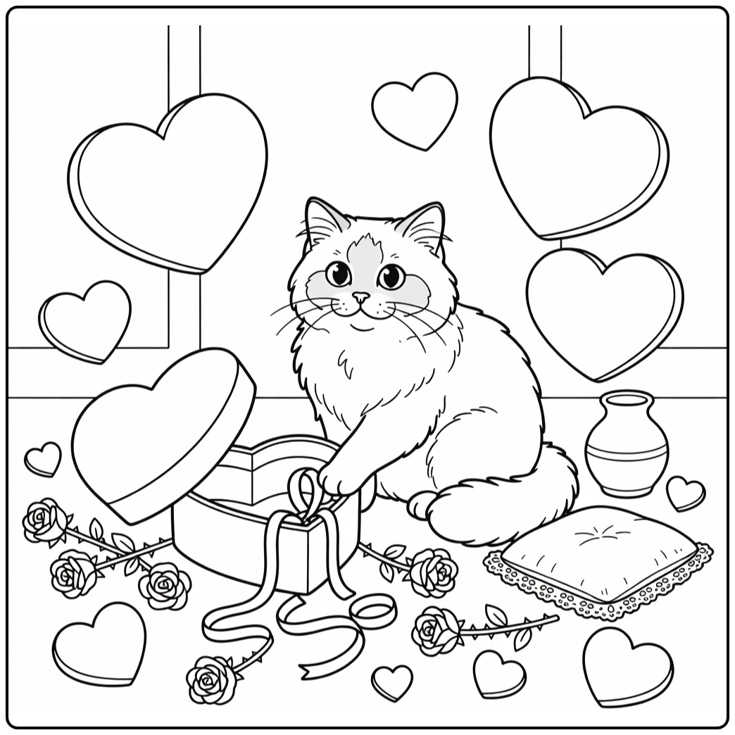 Birman cat paws Valentine ribbon box: cat valentine coloring pages