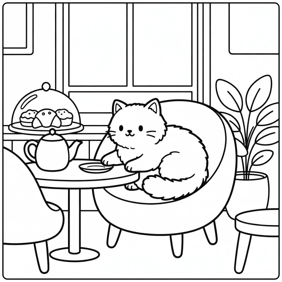 Cozy cat cafe coloring pages: fluffy cat reaching for saucer
