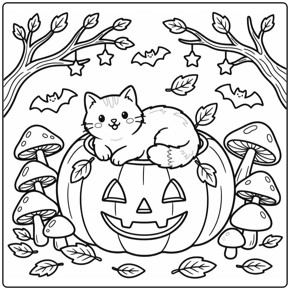 Cozy halloween cat and pumpkin coloring pages with bats, leaves