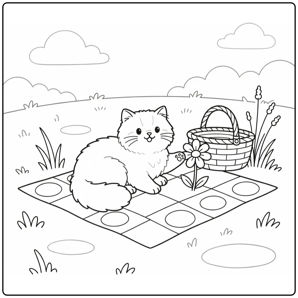 Easy cat coloring pages: fluffy Persian cat on picnic blanket