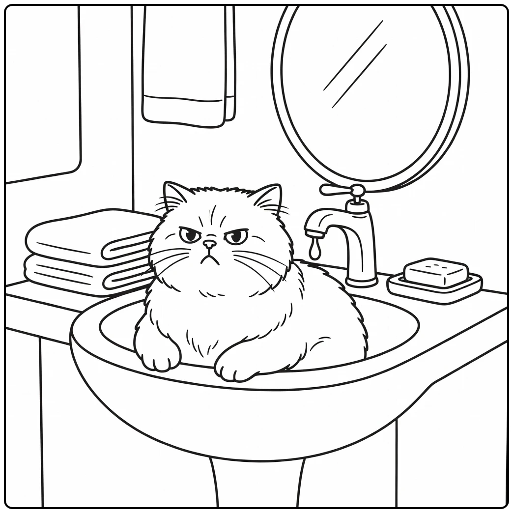 Grumpy Persian cat in sink cat meme coloring pages