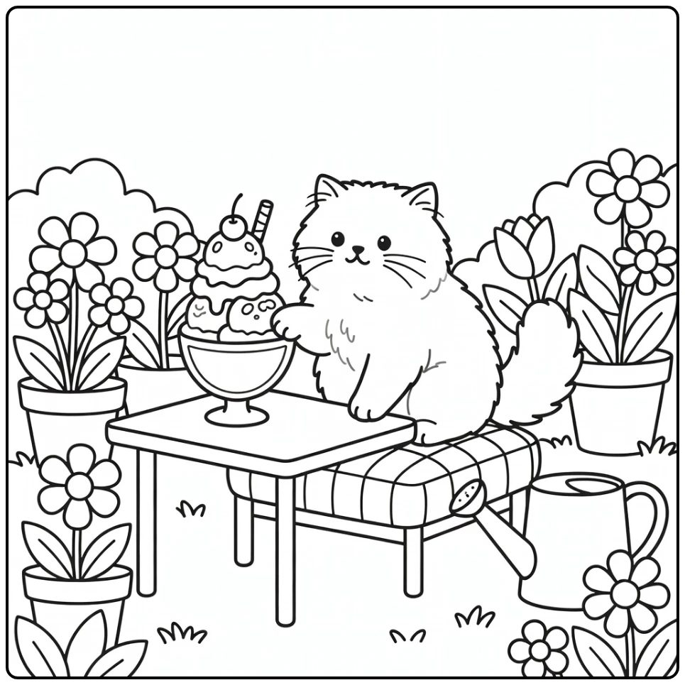 Cat ice cream coloring pages: Persian cat paws sundae