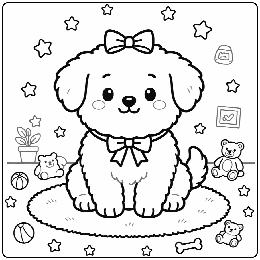 Fluffy Puppy Coloring Page on rug with bow, toys, stars