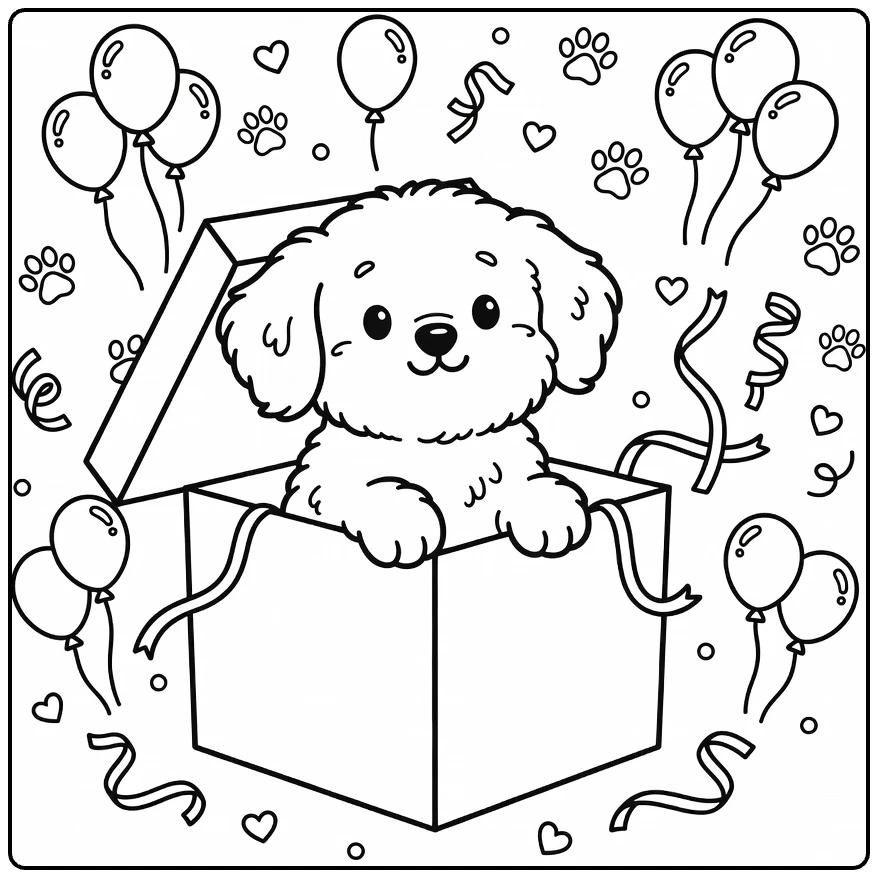 Fluffy Puppy Coloring Page peeking from gift box with ribbons