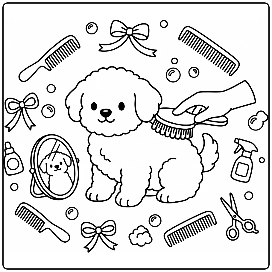 Fluffy Puppy Coloring Page with brush, mirror, combs, ribbons
