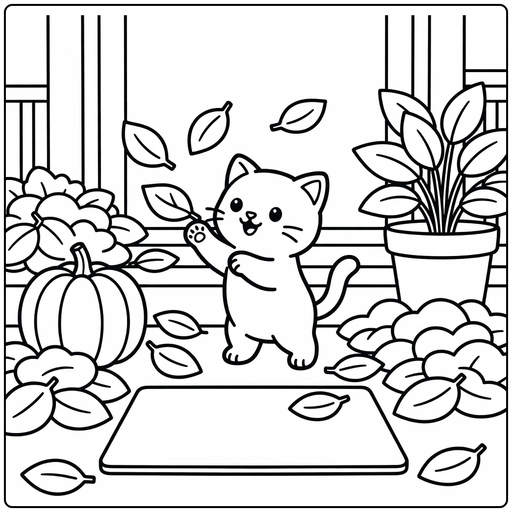 Cute kitten batting autumn leaves on porch, kitten coloring pages