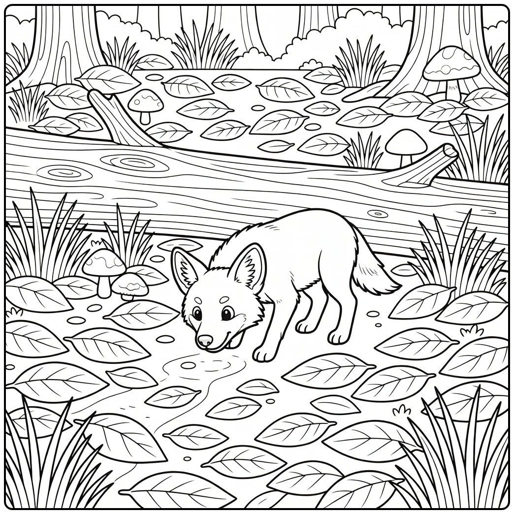 A cute wild dog coloring page showing a pup sniffing a trail.