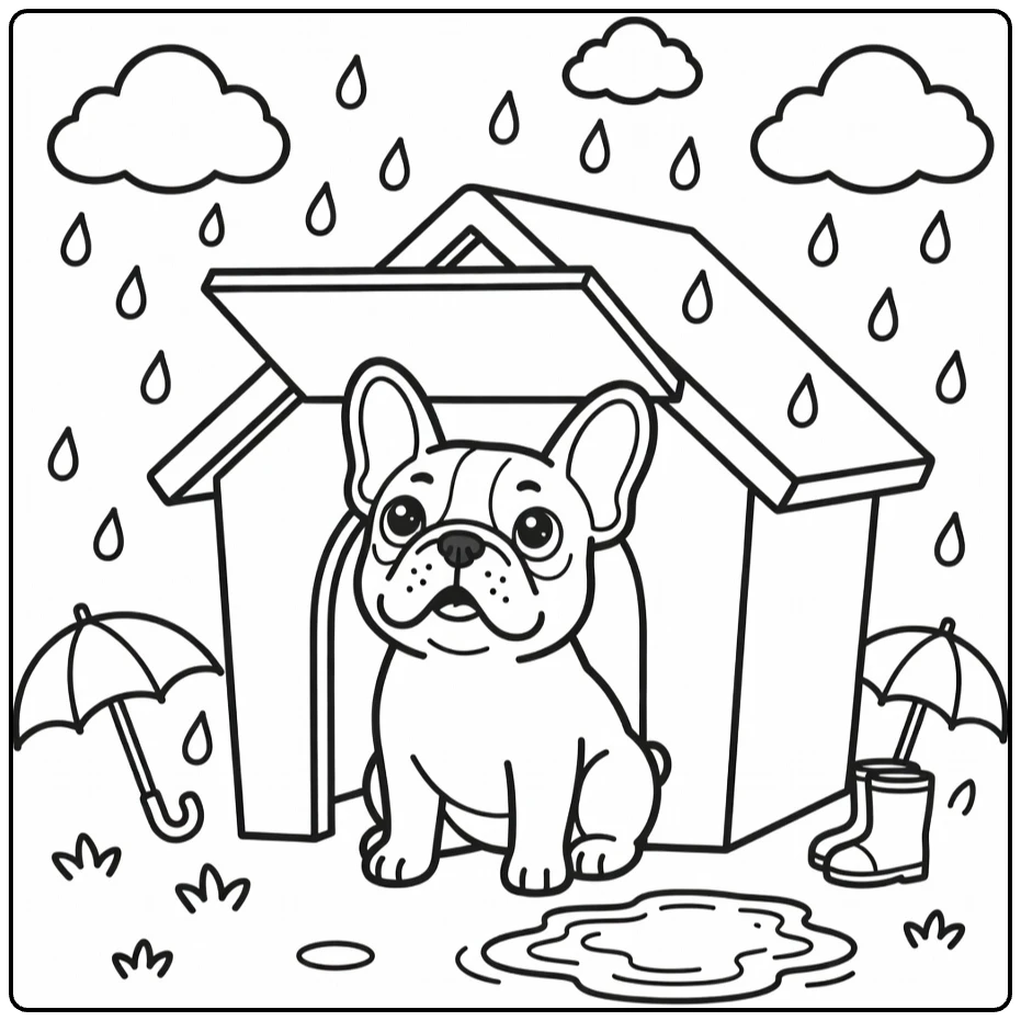 Curious French Bulldog in Dog House coloring page, rainy day