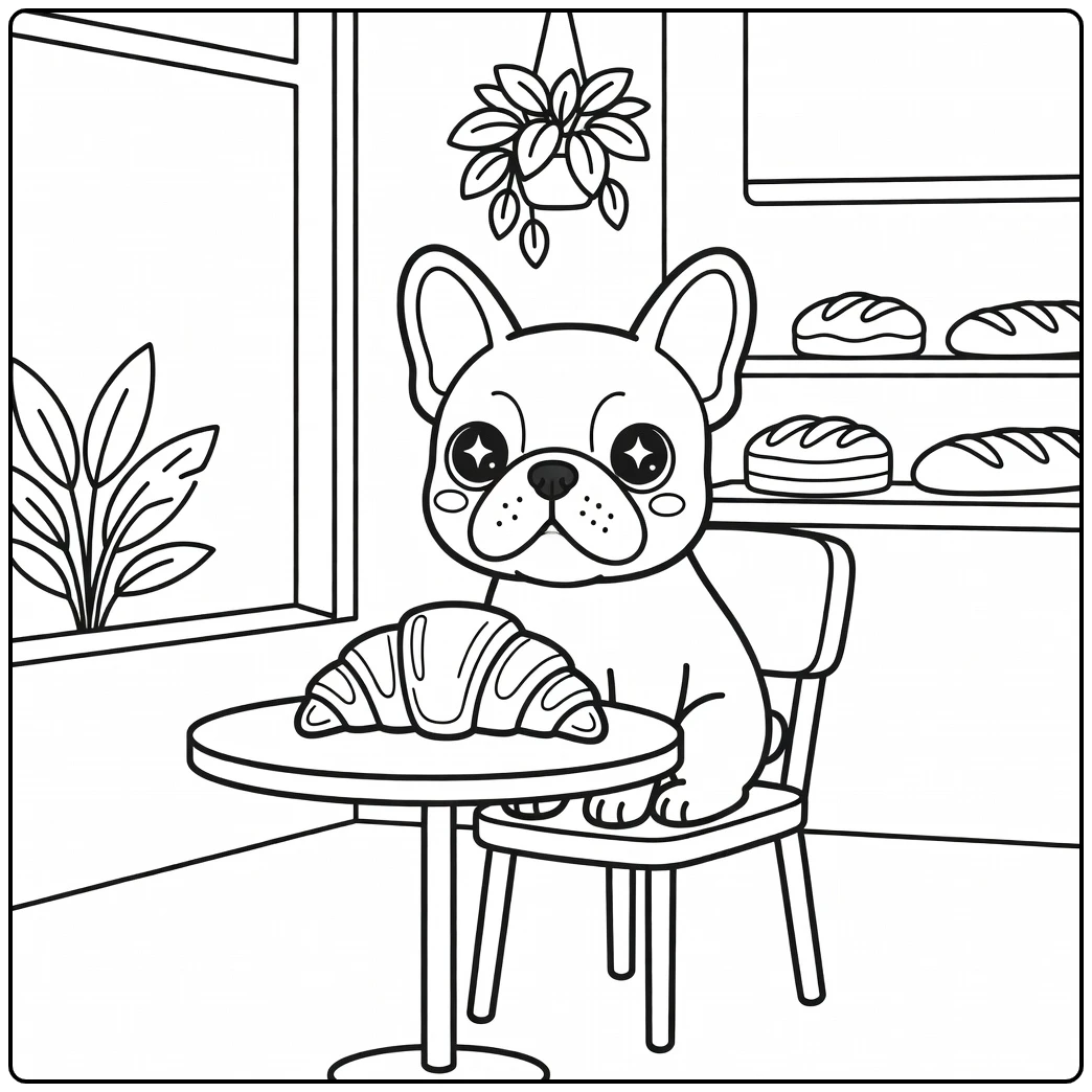 A French Bulldog in a cafe chair, a kawaii dog coloring page.