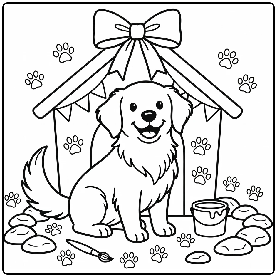 Golden Retriever decorating Dog House coloring page with flags, bow