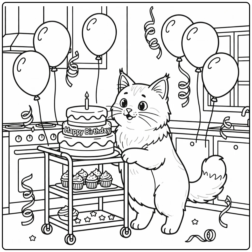 Cat Birthday Coloring Pages - Maine Coon Sniffing Cake