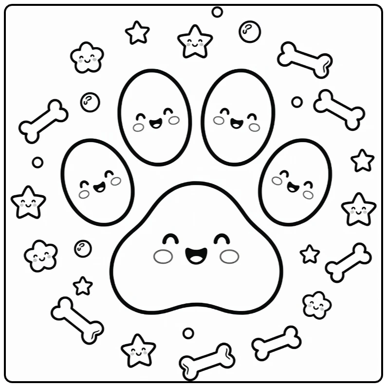Cute dog paw coloring page with large central print and details