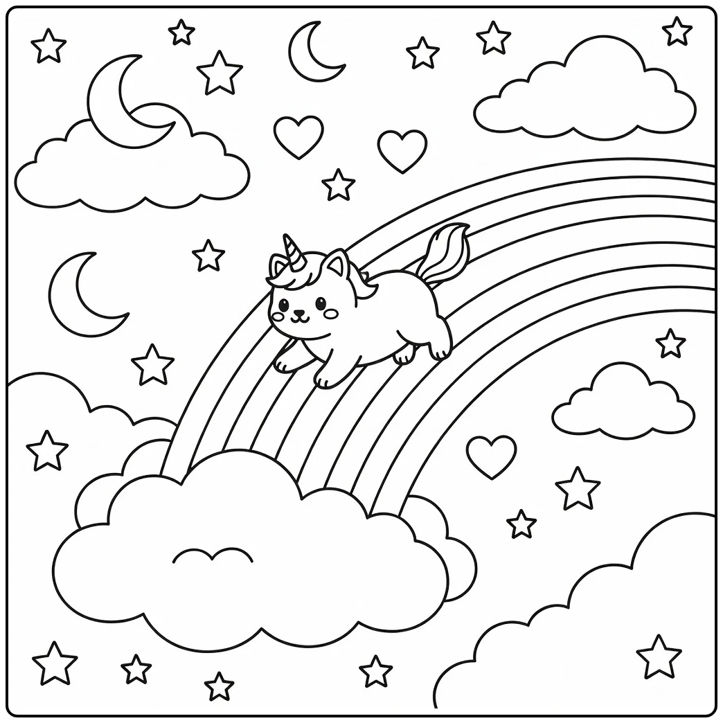 Unicorn cat sliding rainbow unicorn cat coloring pages