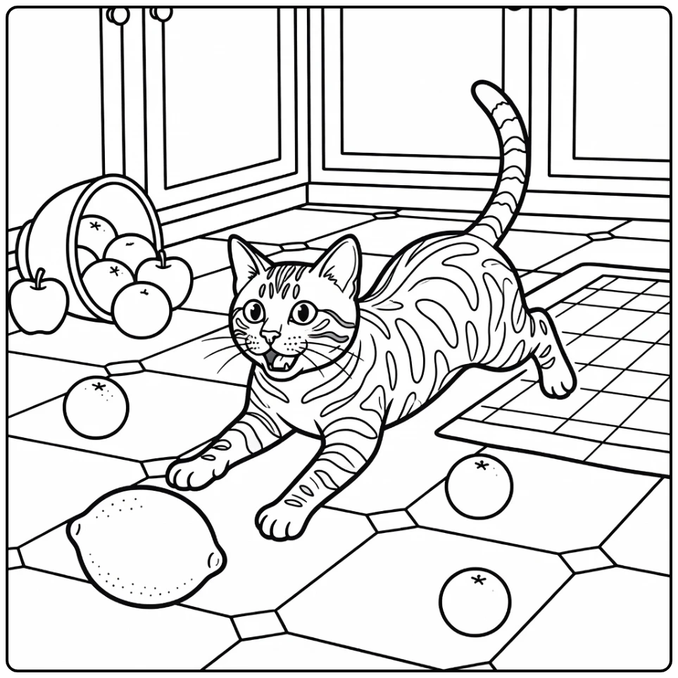 Funny cat coloring pages: Bengal cat sliding chasing lemon