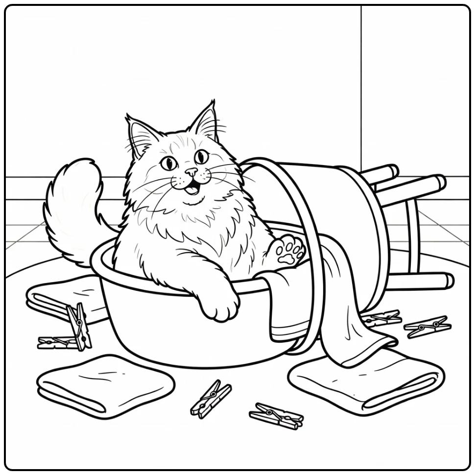 Funny cat coloring pages: Maine Coon in toppled basket mess