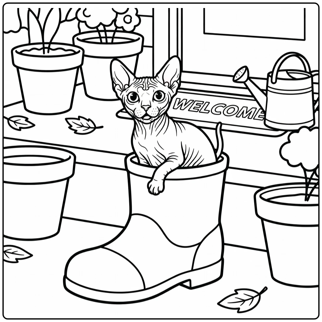 Funny cat coloring pages: surprised Sphynx in giant rain boot