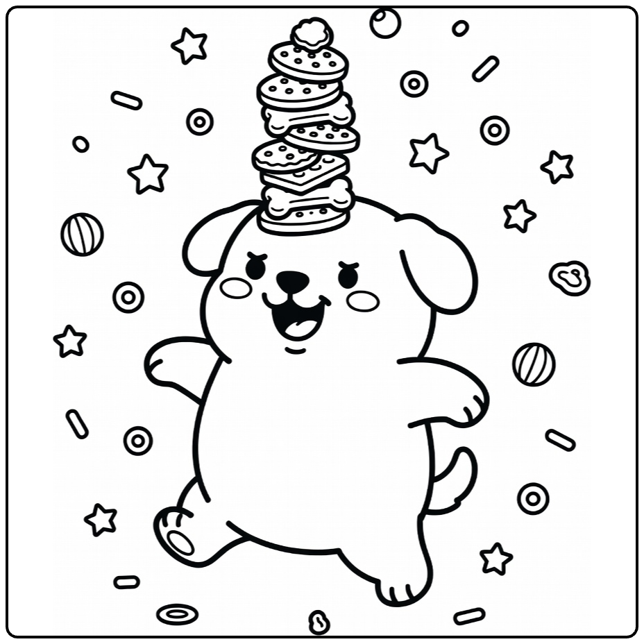 Funny Dog coloring page: chubby pup balancing treats on nose