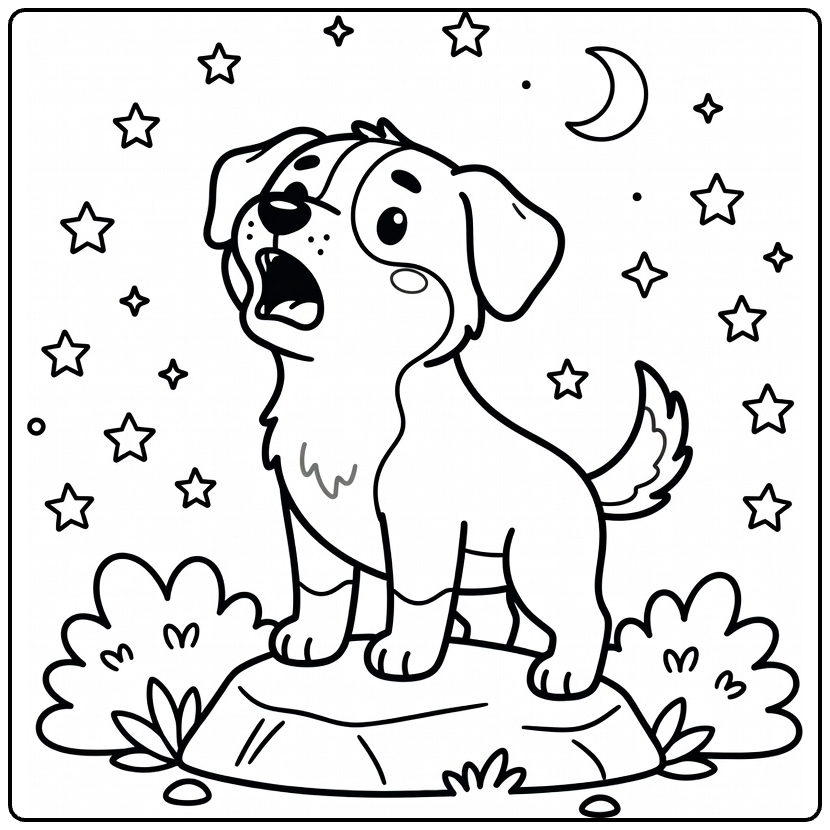 Funny Dog coloring page: awkward howling pup on rock with stars