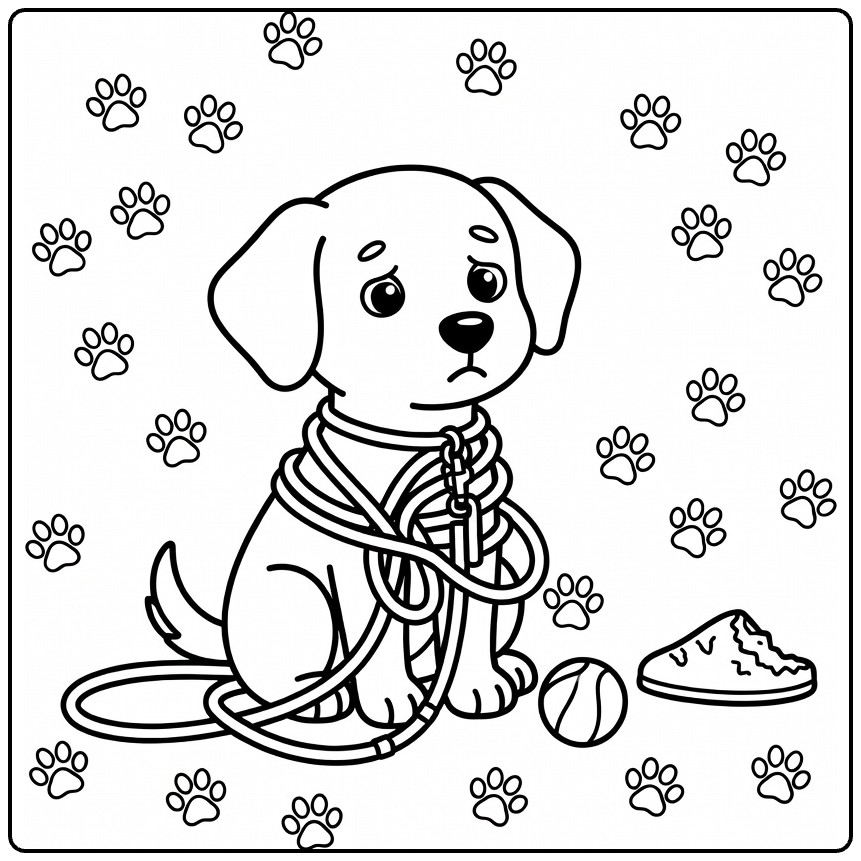 Funny Dog coloring page: floppy-eared pup tangled in leash