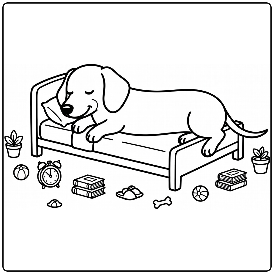 Funny Dog coloring page: dachshund stretched on tiny bed