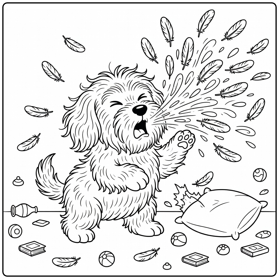 Funny Dog coloring page: shaggy pup sneezes feathers wildly