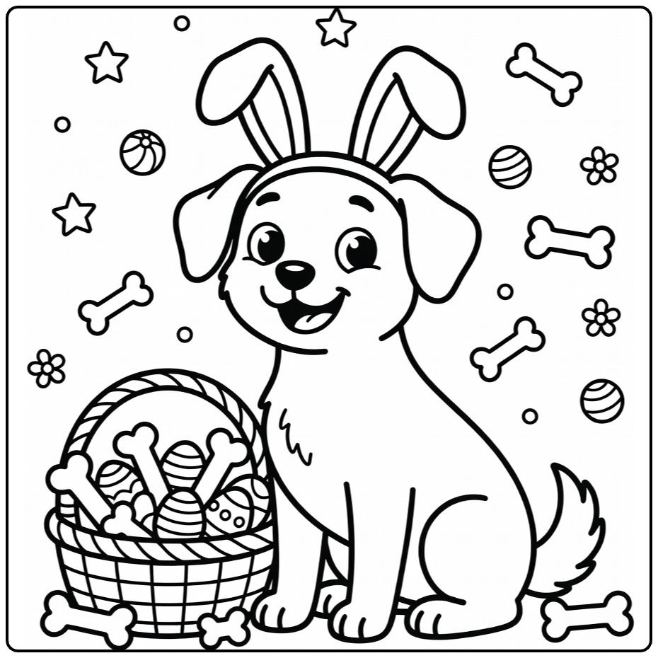 Funny Dog coloring page: silly pup in bunny ears with bone basket