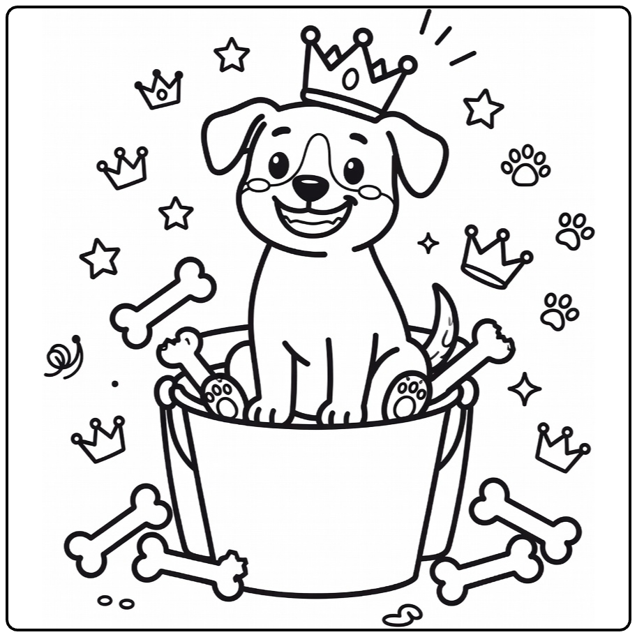 Funny Dog coloring page: pup in bucket throne with crown
