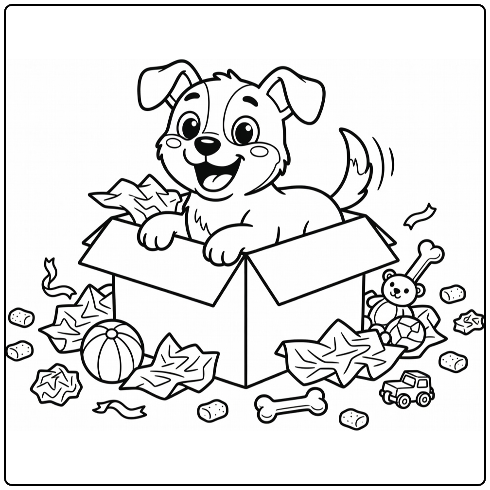 Funny Dog coloring page: happy pup stuck in box, tail wagging, toys spilling