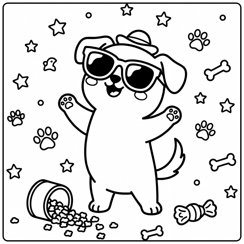 Funny Dog coloring page: pup in big shades, tiny hat, proud pose by spilled bowl