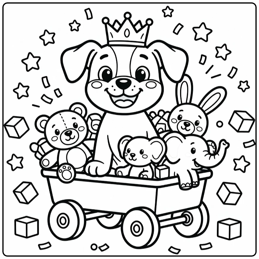 Funny dog coloring pages for kids: Puppy in wagon with crown