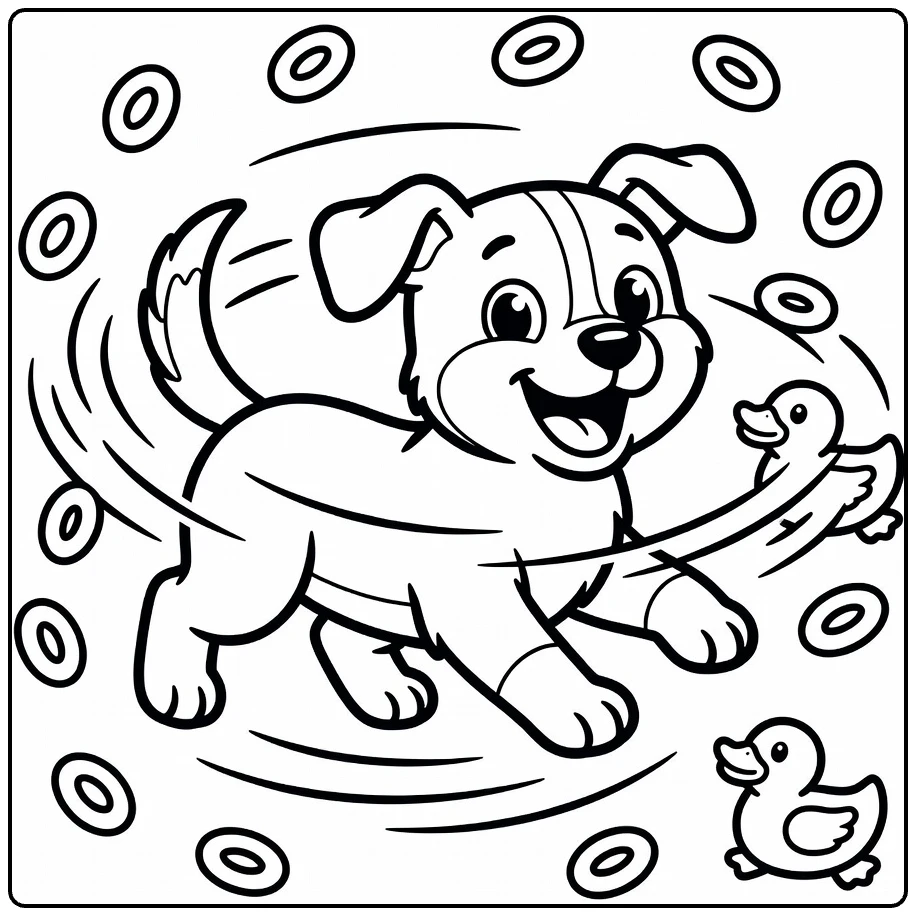 Funny dog playing coloring pages: puppy chases tail with toys