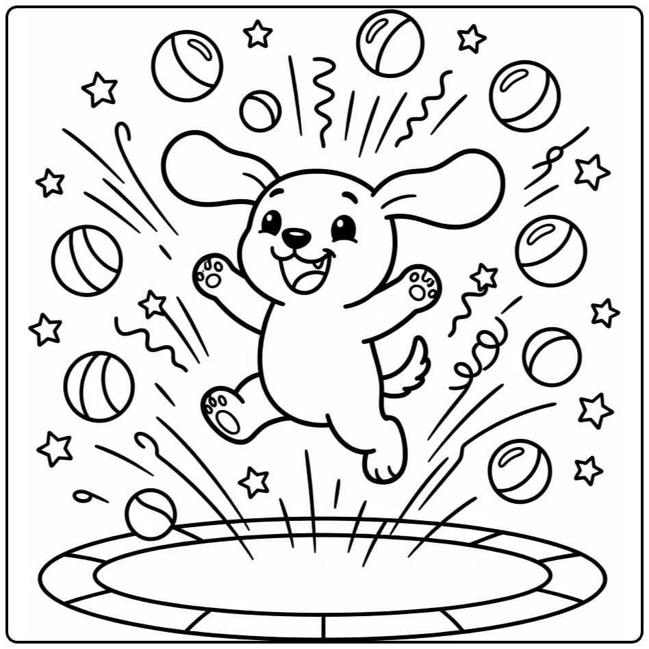 Funny dog playing coloring pages: puppy bouncing on trampoline