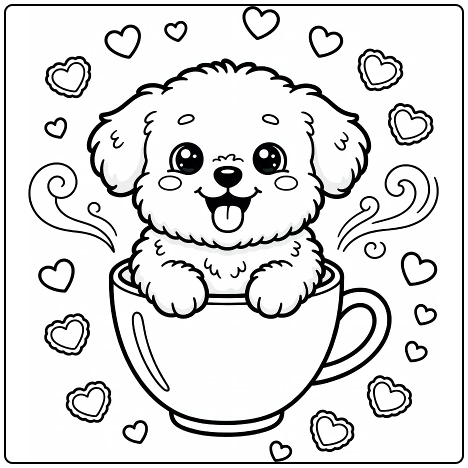 Funny kawaii dog coloring page: fluffy pup in mug with steam, hearts