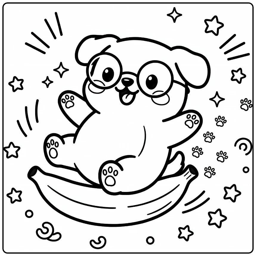 Funny kawaii dog coloring page: chubby pup with glasses on banana