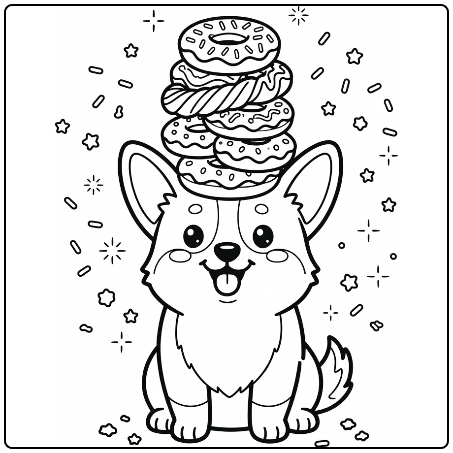 Funny kawaii dog coloring page: corgi with donut stack