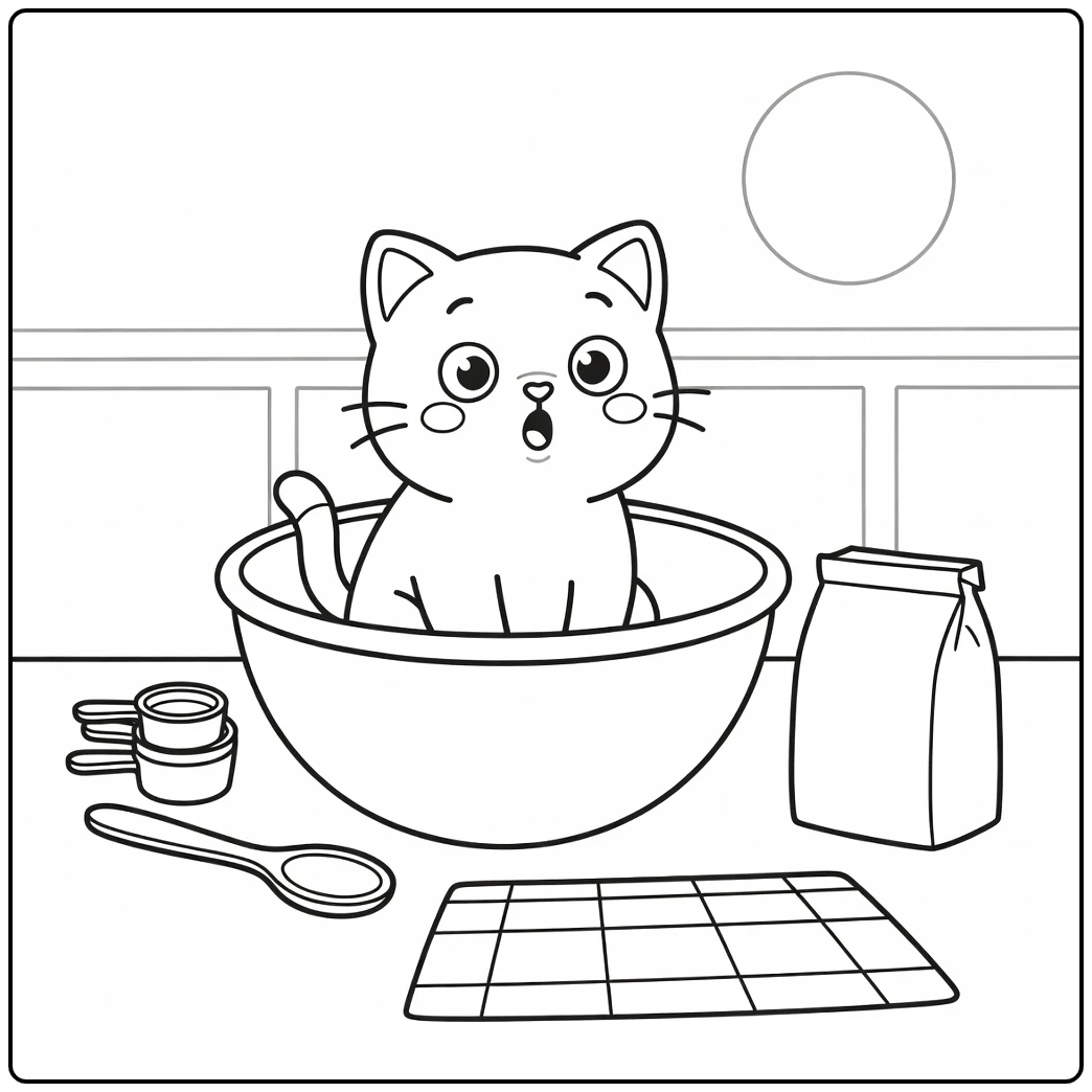 Surprised cute kitten in overturned bowl, cute kitten coloring pages