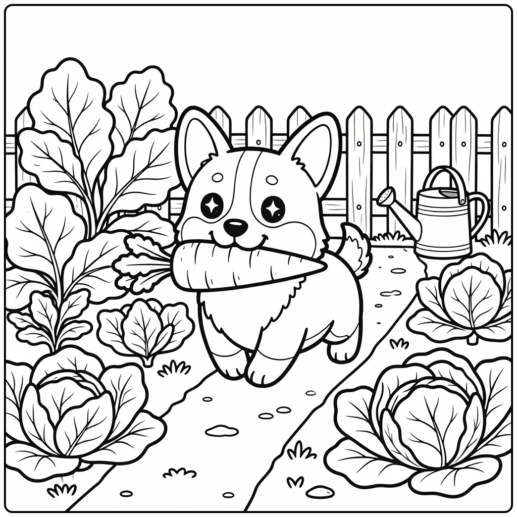 A cute Corgi carries a big carrot on a kawaii dog coloring page.