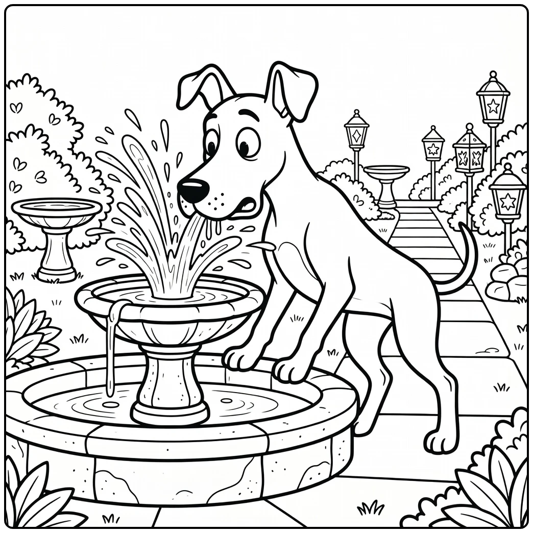 A funny great dane coloring page showing a dog splashed by water.