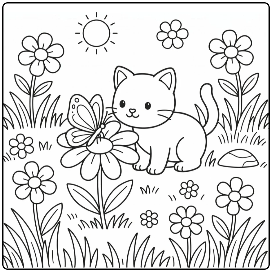 Kitten sniffing butterfly on daisy in meadow kitten coloring pages