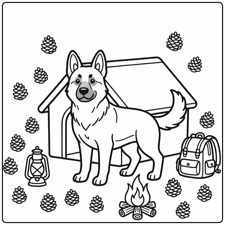 Brave German Shepherd by camping Dog House coloring page