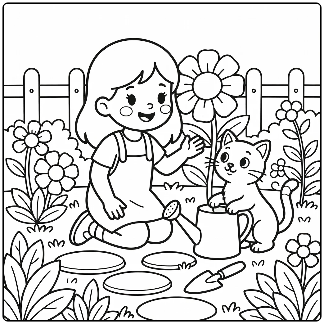 girl with cat coloring pages: girl in garden with cat