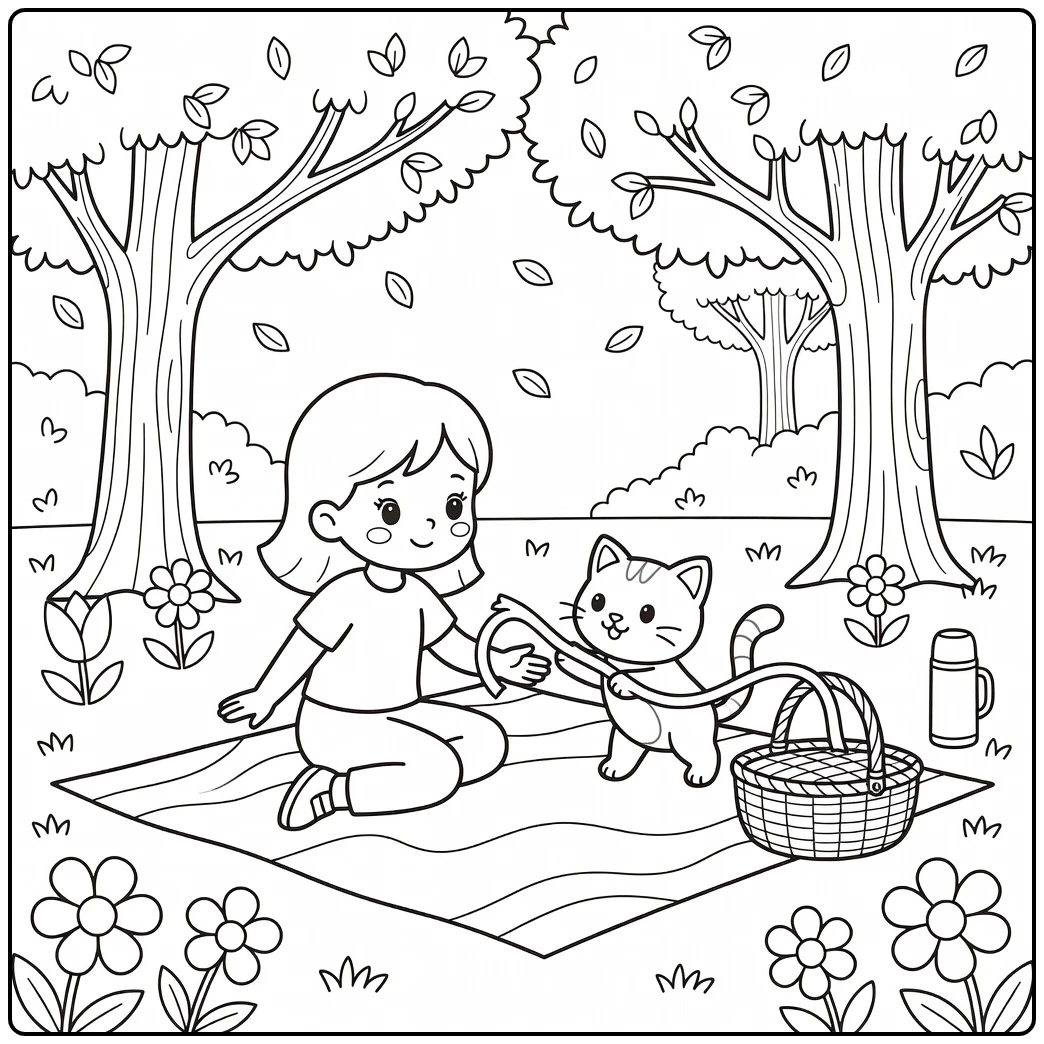 Girl with cat coloring pages: picnic playtime under tree