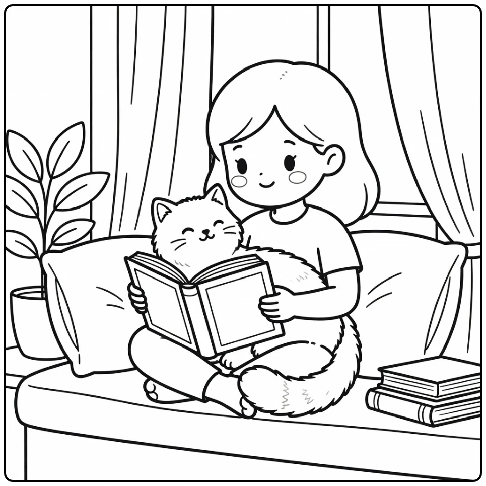 Girl with cat coloring pages: cozy girl reading book with fluffy cat