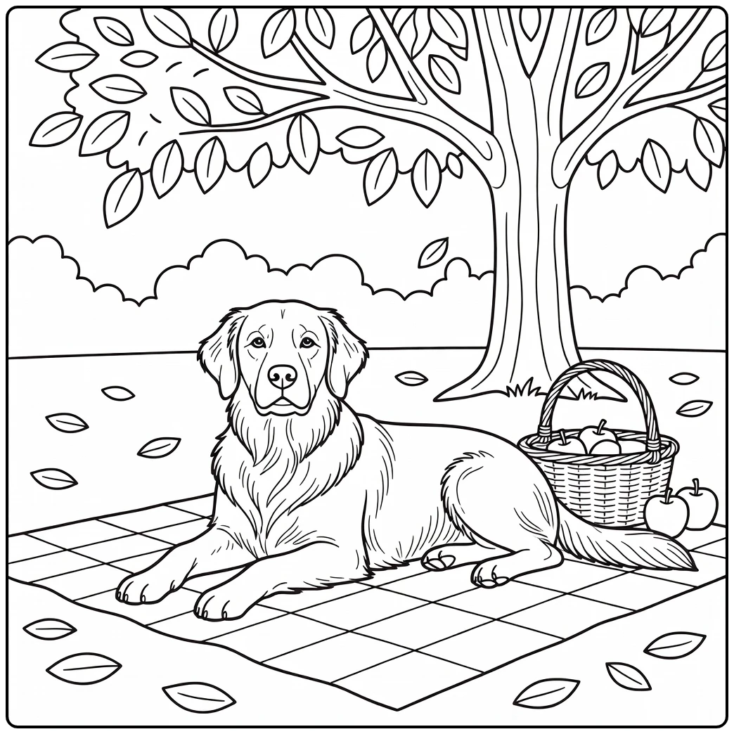A friendly Golden Retriever on a blanket realistic dog coloring page.