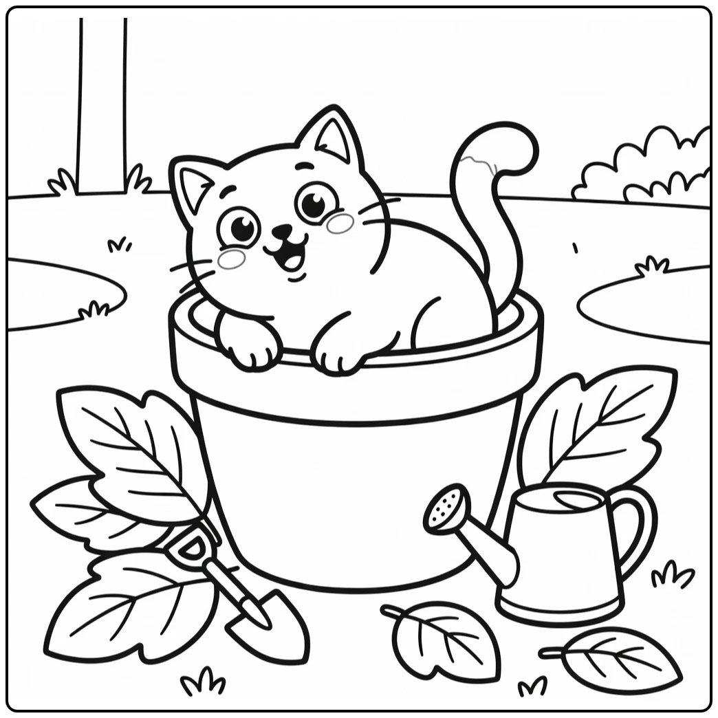Silly cat coloring pages: chubby cat in flowerpot