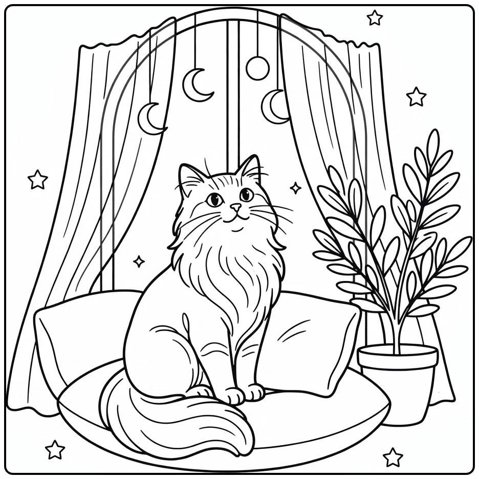 Aesthetic cat coloring pages: elegant cat on moon cushion