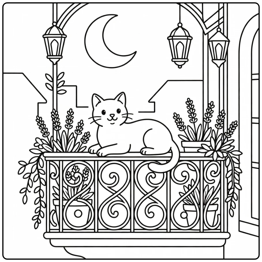 Cat coloring pages for adults: graceful cat on moonlit balcony