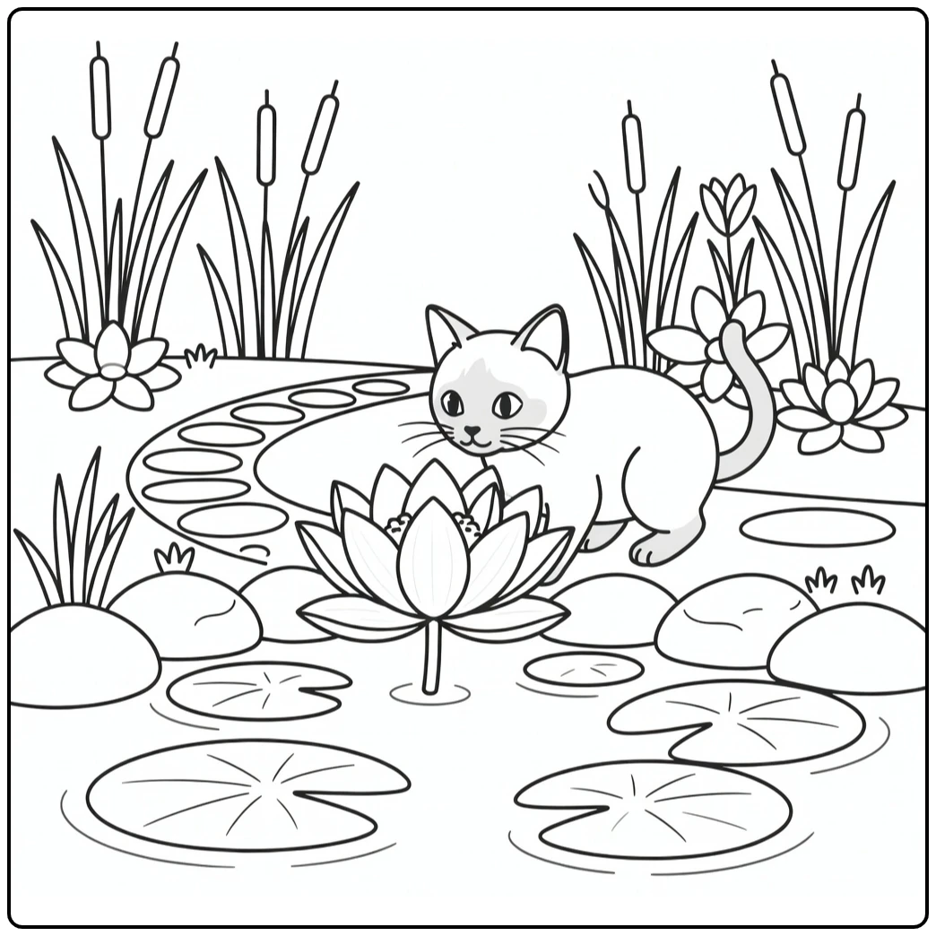Siamese cat sniffing lotus pond: cat and flower coloring pages