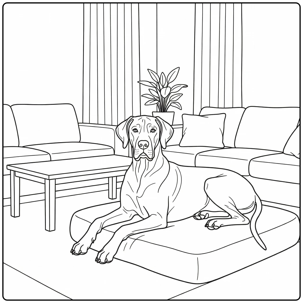 A realistic dog coloring page of a Great Dane in a living room.