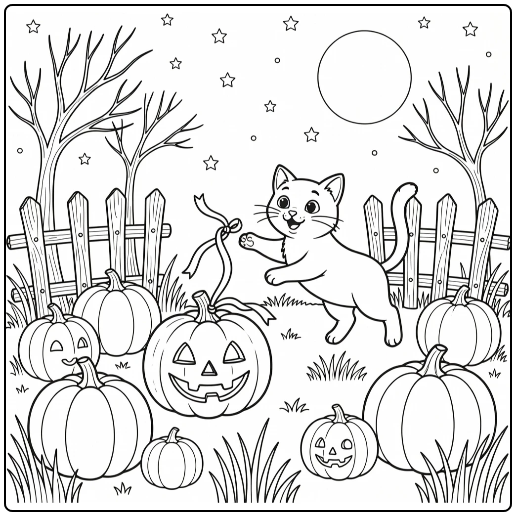 Halloween cat and pumpkin coloring pages: leaping cat chases ribbon